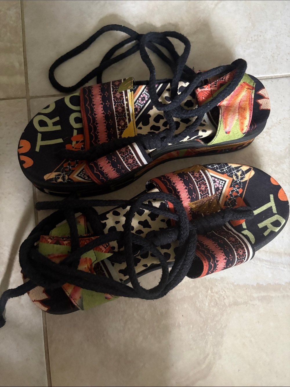 Brazil Farm Rio Inspired Multi-Color Patterned Lace-Up Sandals - Picture 4 of 6